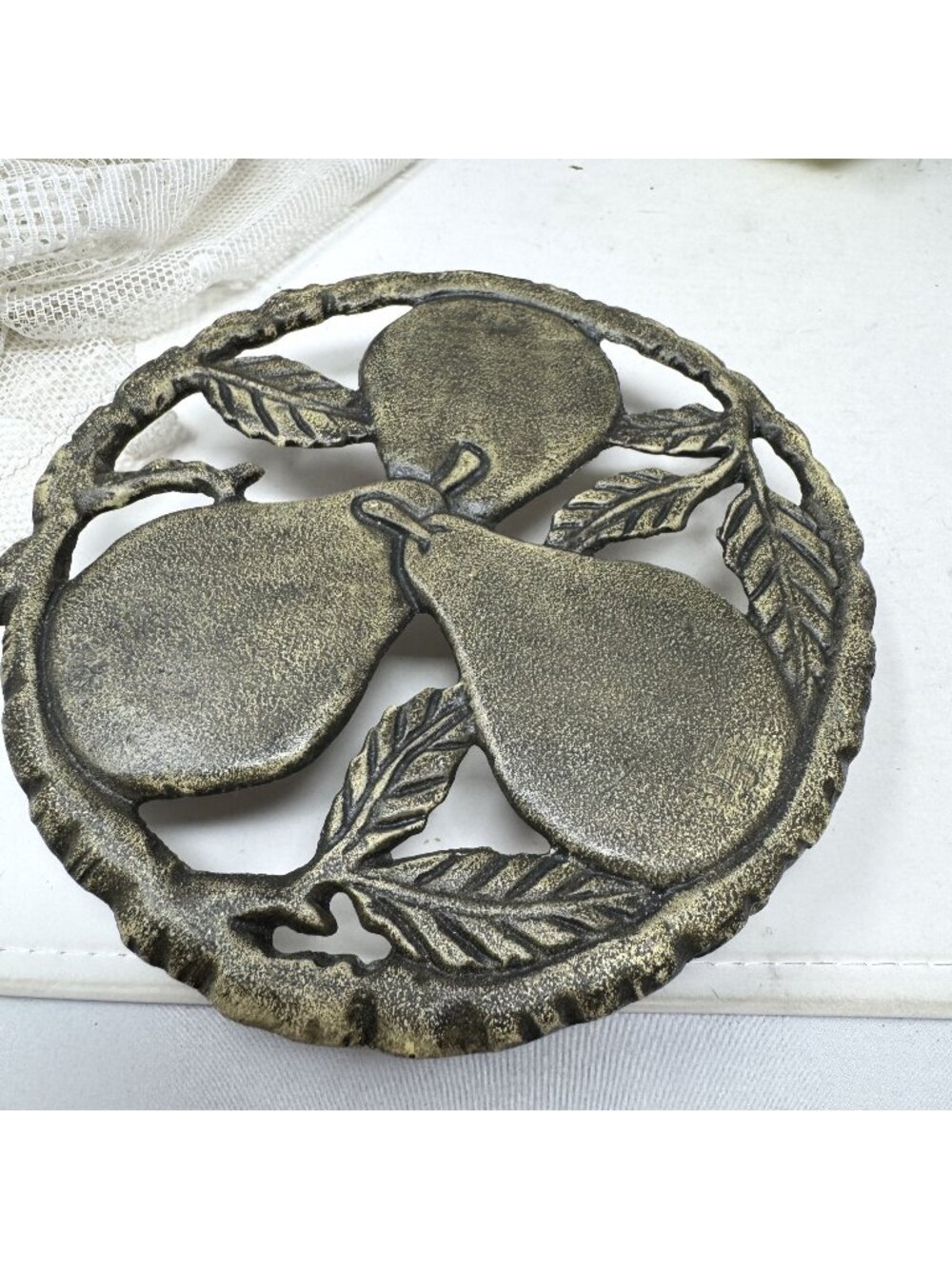 Vintage Cast Iron Pear Design Trivet With Rustic Patina Finish Footed 7"